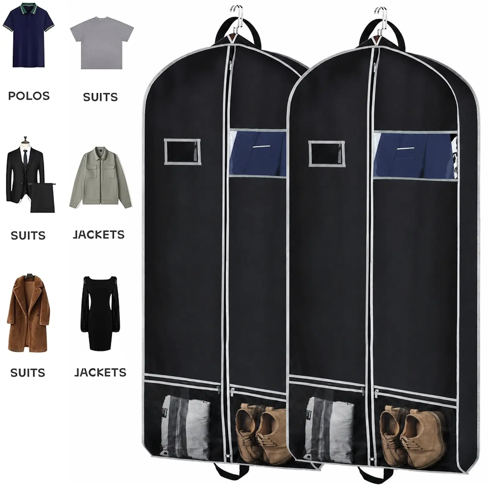 Travel bag with zippered pocket suit bag suitable for holding suits dresses and coats, black - 2-pack