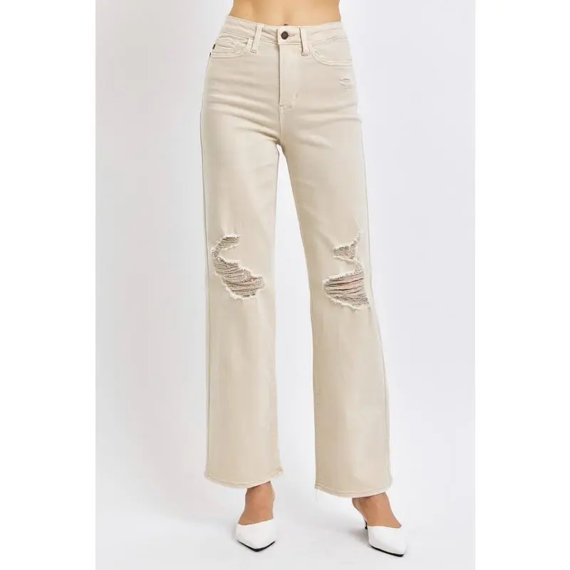 Judy Blue Full Size High Waist Distressed Wide Leg Jeans