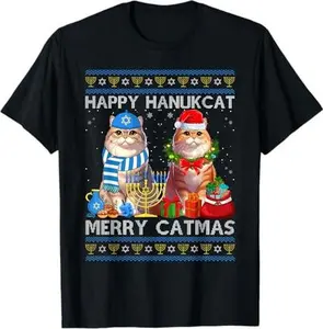 Happy Hanukcat Merry Catmas Ugly Christmas Chanukah Sweater T-Shirt