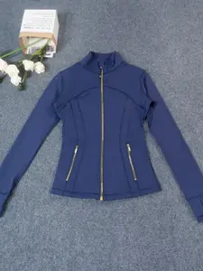 Spring women's sports gold zipper jacket with lightweight three-dimensional cut and thumb hole gym workout tight top