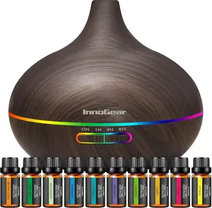 400ml Aromatherapy Essential Oil Diffuser Set With 10 Oils Ultrasonic Cool Mist Humidifier 7 Color LED Lights Timers Auto Off Dark Wood Grain Home Bedroom Decor Valentine's Birthday Gifts For Women