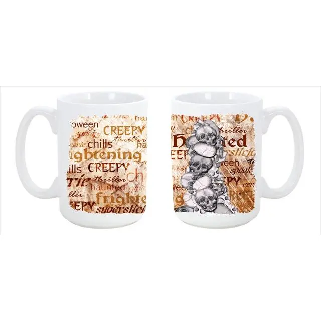 Creepy, Haunted and Frightful with skulls Halloween Dishwasher Safe Microwavable Ceramic Coffee Mug 15 oz.