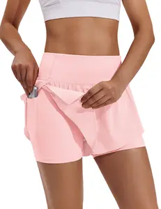 PINSPARK 2 in 1 Athletic Shorts for Women Biker Underneath Running Shorts High Waisted Gym Workout Short with Side Pockets pink pleated