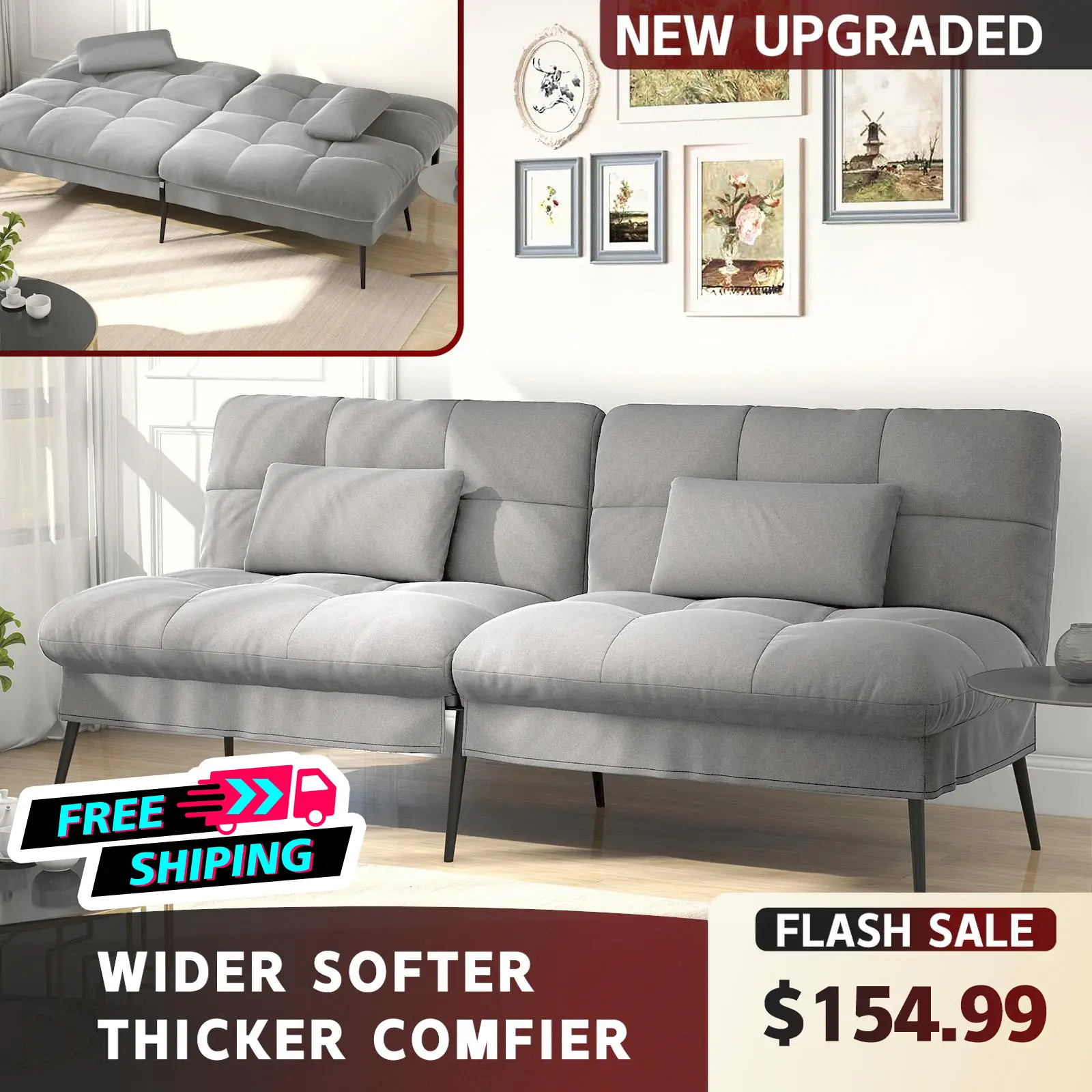 COMHOMA Convertible Futon Sofa Bed, 68″Fabric Futon Couch with Adjustable Backrest, Folding Futon Sleeper Recliner for Living Room Furniture Lounge Ho