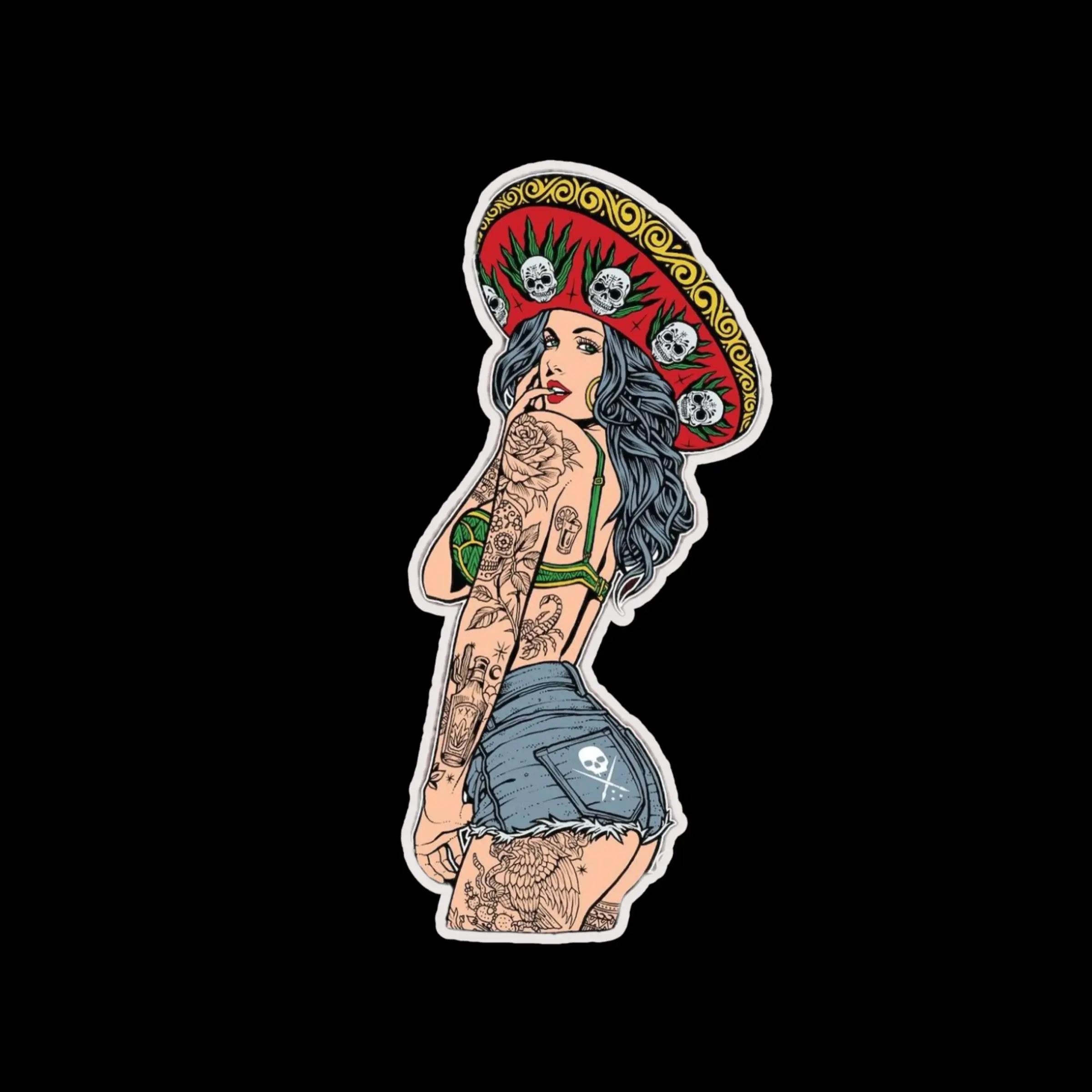 Sombrero Inked Girl Sticker,  Skull Sombrero Hat, Edgy Tattoo Art, Spicy Latina Vibes for Car Laptop Decor