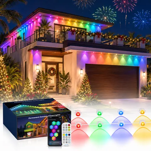 Permanent Outdoor RGBIC Standard Edition RGB LED Strip Lights, Water-Resistant Multicolor String Lights Decorative Lamps with Remote + App, 16M Custom Colors, 75 Scenes, Music Sync, Triangle Effects for Holiday, Party Use