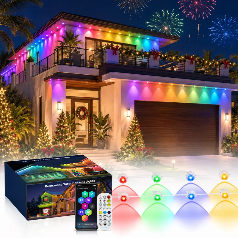 Permanent Outdoor RGBIC Standard Edition RGB LED Strip Lights, Water-Resistant Multicolor String Lights Decorative Lamps with Remote + App, 16M Custom Colors, 75 Scenes, Music Sync, Triangle Effects for Holiday, Party Use