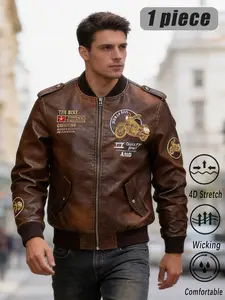 Men's Embroidered Motorcycle Style PU Leather Jacket, Zipper Pilot Coat, Comfortable Stretch Daily Wear, Fashionable Outerwear