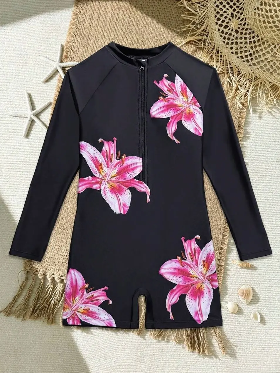 Tween Purple Tropical Long Sleeve Zip-Up Jumpsuit - Rash Guard UV Protection Swimsuit