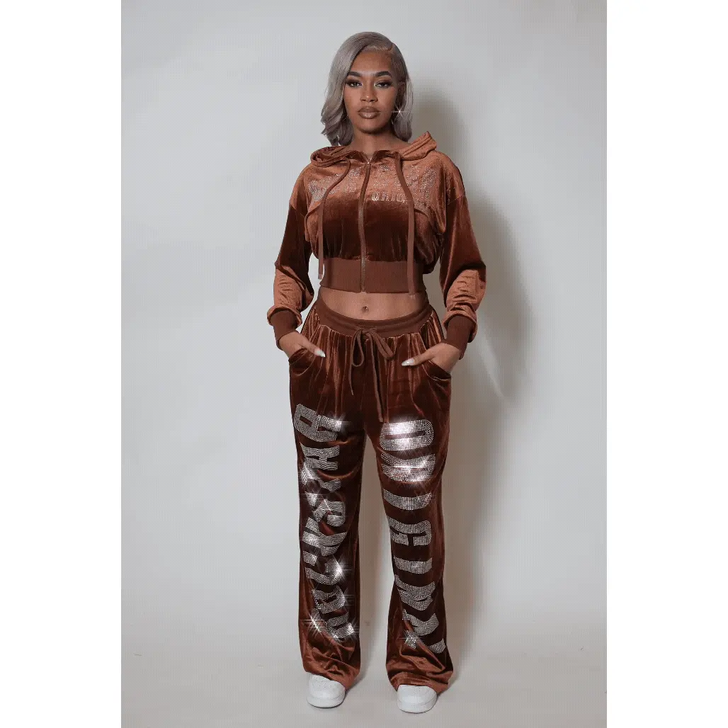 Cadence Brown Rhinestone Velour Baggy Fit Track Set