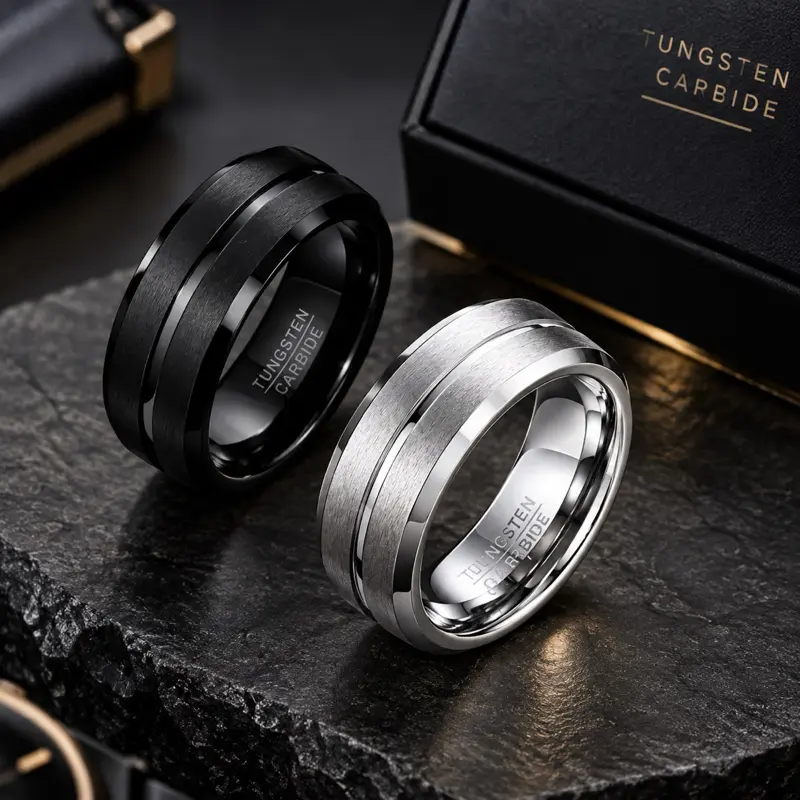 Tungsten Carbide Ring - Matte Black & Brushed Silver - Heavy-duty Scratch-resistant with Center Groove Design - Polished Inner Band Engraved - Ultimate Durability & Modern Masculine Style