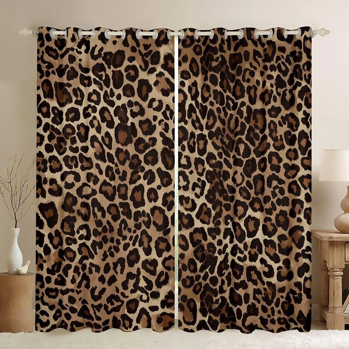 Feelyou 2-Piece Cheetah Print Blackout Velvet Light Filtering Drapes - All-Over Animal Decor, Brown Retro Geometric Safari Style, for Living Room, Bedroom Textile Decor, Light Filtering Curtains
