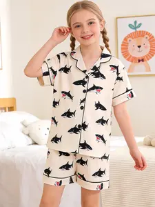 Kids Pajama Set, Cute Cartoon Shark Print, Short Sleeve Loose Fit, Fire-Resistant Knit Fabric, Spring Summer All Seasons