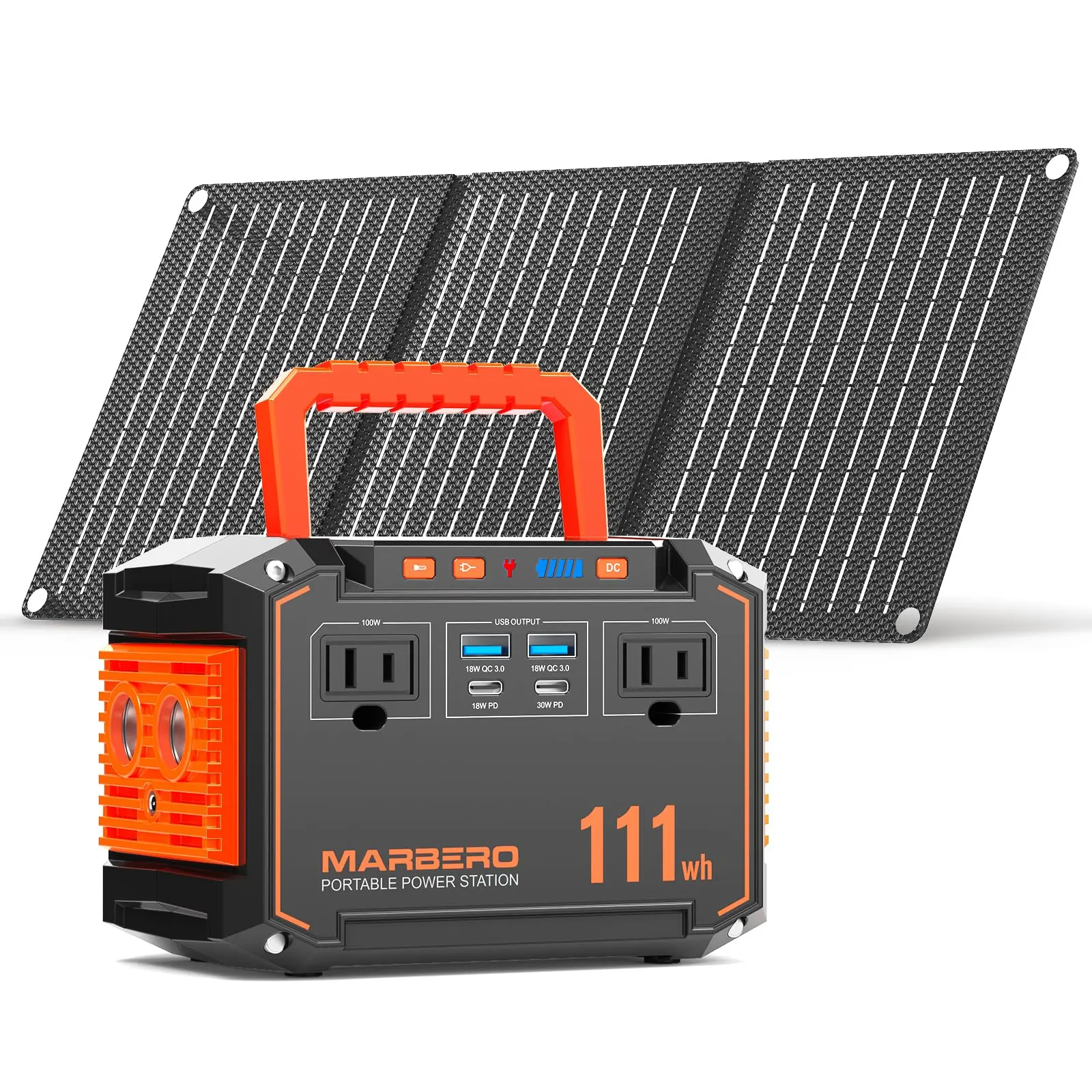 MARBERO 111Wh Solar Generator with 30W Solar Panel Portable Power Station with 2 x 100W AC Outlets(150W Surge) 6 Output Ports Built-in Flashlight for Camping Essentials Power Outage Outdoor Emergency