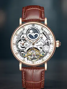 A men's brown leather strap business high-end fashion casual moon phase display waterproof hollow fully automatic mechanical watch Water Resistant Wristwatch