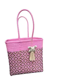 Handmade Market Bag - Woven by Hand from Plastic - Artisan Bag Toquilla Bag Traditional Market Tote Pink with Tassel Meaningful Gifts for Women
