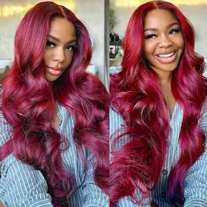 Bling Hair Body Wave Wig Burgundy 9x6 Glueless Wig 13X6 Lace Front Wig Human Hair 99J 13x4 Lace Wigs For Women Brazilian Colored  Body Wave Pre Cut Pre Plucked Lace Wig 180 Density