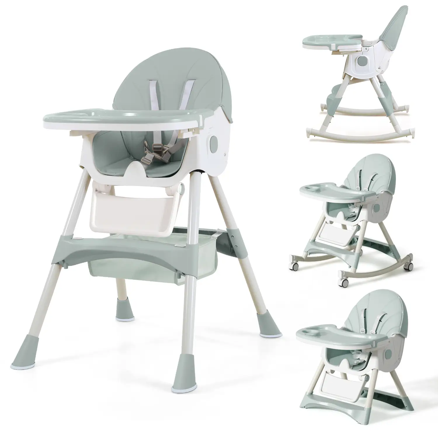 Cochildor 6-in-1 Foldable Baby High Chair for Babies & Toddlers – detachable pu cushion,Adjustable Height & Recline, 5-Point Safety Harness, Removable