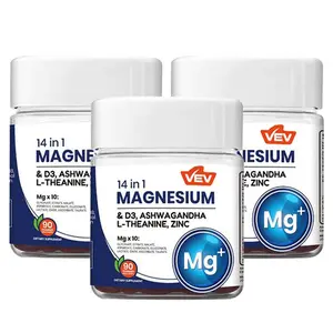 3 Bottles VEV 14-in-1 Magnesium Gummies | With Ashwagandha, L-Theanine, Vitamin D3 & Zinc | Supports Sleep, Stress Relief & Immune Health | Non-GMO, No Artificial Flavors | Daily Supplement for Adults