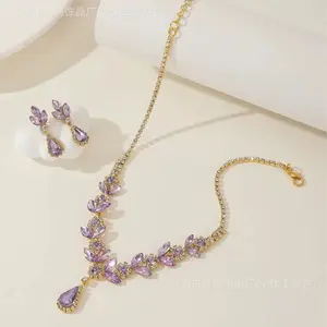 Purple Rhinestones Necklace & Earrings Set – Gold Leaf Bridal Jewelry