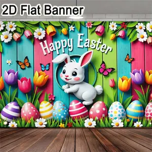 2D flat banner, 1pcVibrant Easter-themed backdrop featuring a cheerful white rabbit with pink cheeks peeking from a colorful wooden fence, surrounded by blooming flowers and festive Easter eggs. Perfect for Easter celebrations, springtime parties,