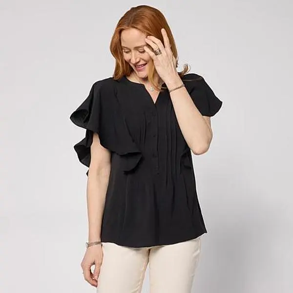 Nina Leonard Textured Wave Flutter-Sleeve Mandarin Collar Blouse