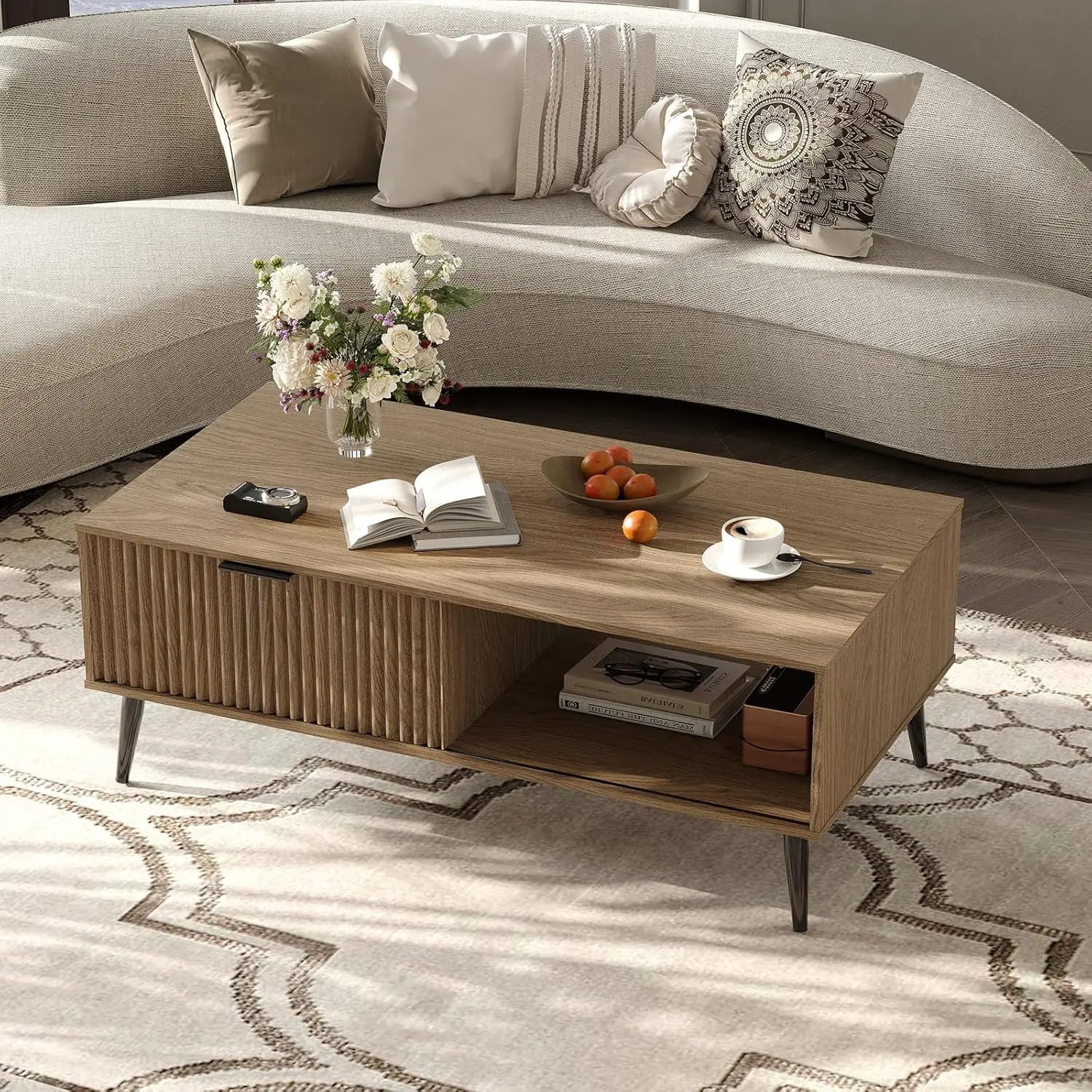 【Christmas Gift】2-Tier Wooden Coffee Table with Sliding Door  Coffee Table with Storage  Solid Wood Legs  Large Rectangle Modern Cocktail Table for Living Room  Mid Century for Home and Office  Wood Color