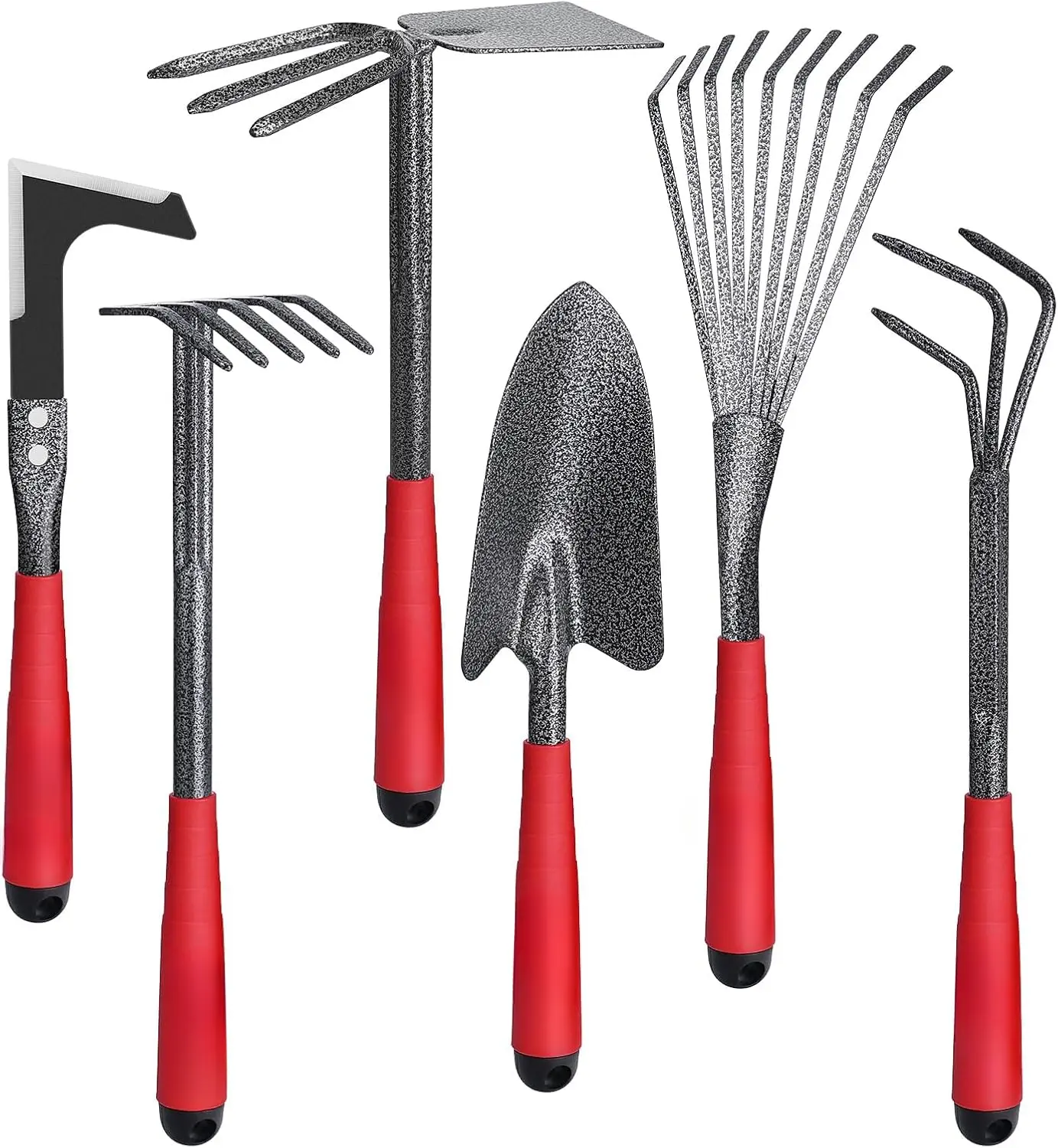6-piece high-carbon steel gardening tool set, including shovel, rake, tiller, hoe, and weeder