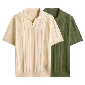 Vertical Rib Open-Knit V-Neck Polo Shirts, Ideal For Summer Errands And Casual Hangouts With A Relaxed, Tailored Fit That Blends Sophisticated Vibes And All-Day Breathability