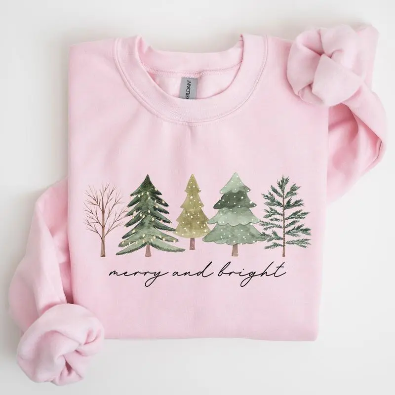 Merry and Bright, Christmas Trees, Minimalist, Winter, Snow, Xmas Sweatshirt, Women's Crew Neck, Crewneck Merry and Bright, Christmas Trees, Minimalist, Winter, Snow, Xmas Sweatshirt, Women's Crew Neck, Crewneck