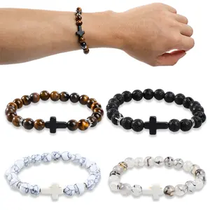 4PCS Cross Beads Bracelet for Men Women Healing Lava Stone Stretch Bracelets