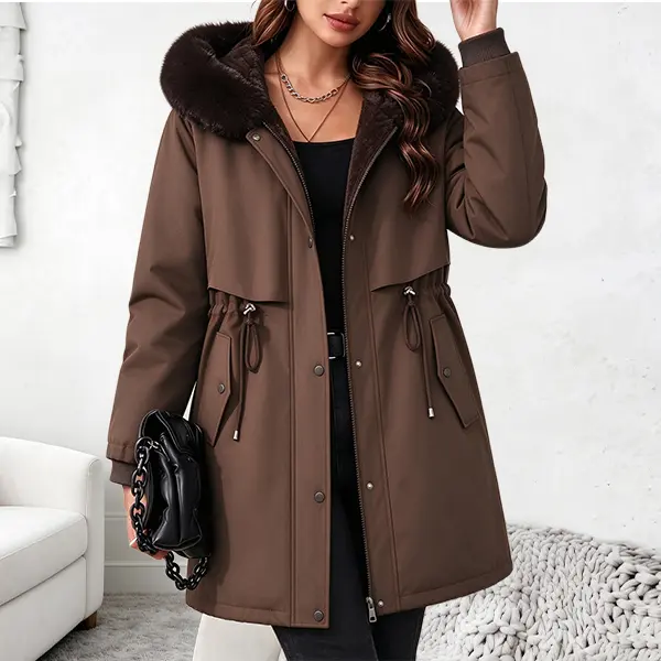 Women’s reversible winter parka coat, fleece-lined hooded jacket with large faux fur trim, drawstring waist, mid-length windproof outerwear worn two ways with multiple pockets for cold weather