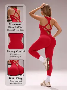 Crisscross Backless Seamless Yoga Jumpsuit Tummy Control Butt Lifting High Waist Workout Bodysuit Sport Jumpsuit Ribbed Gym Jumpsuit for Women