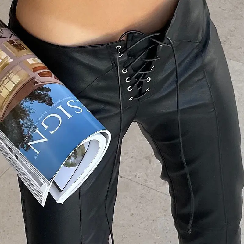 Women's PU Leather Pants Straight Leg Tie Casual Low Waist