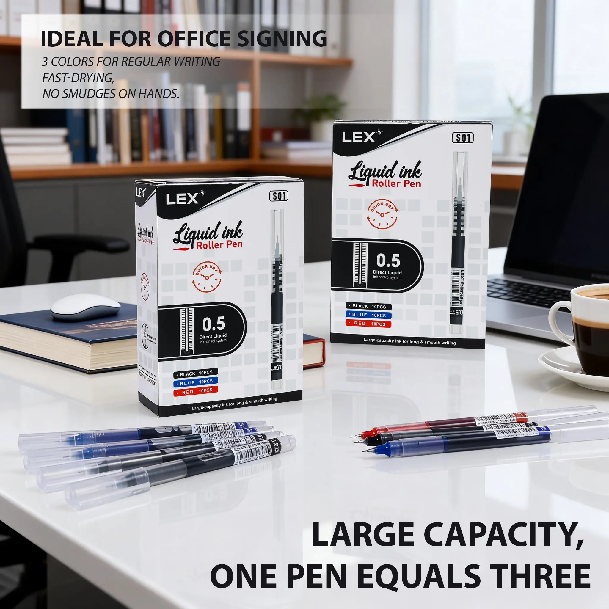 30-Pack 0.5mm Direct Liquid Quick-Dry Ballpen Set, 3 Colors (Black/Blue/Red) Ink Control System, Writing Pens for Youth, Office Writing, College Student Back to School Office Supplies