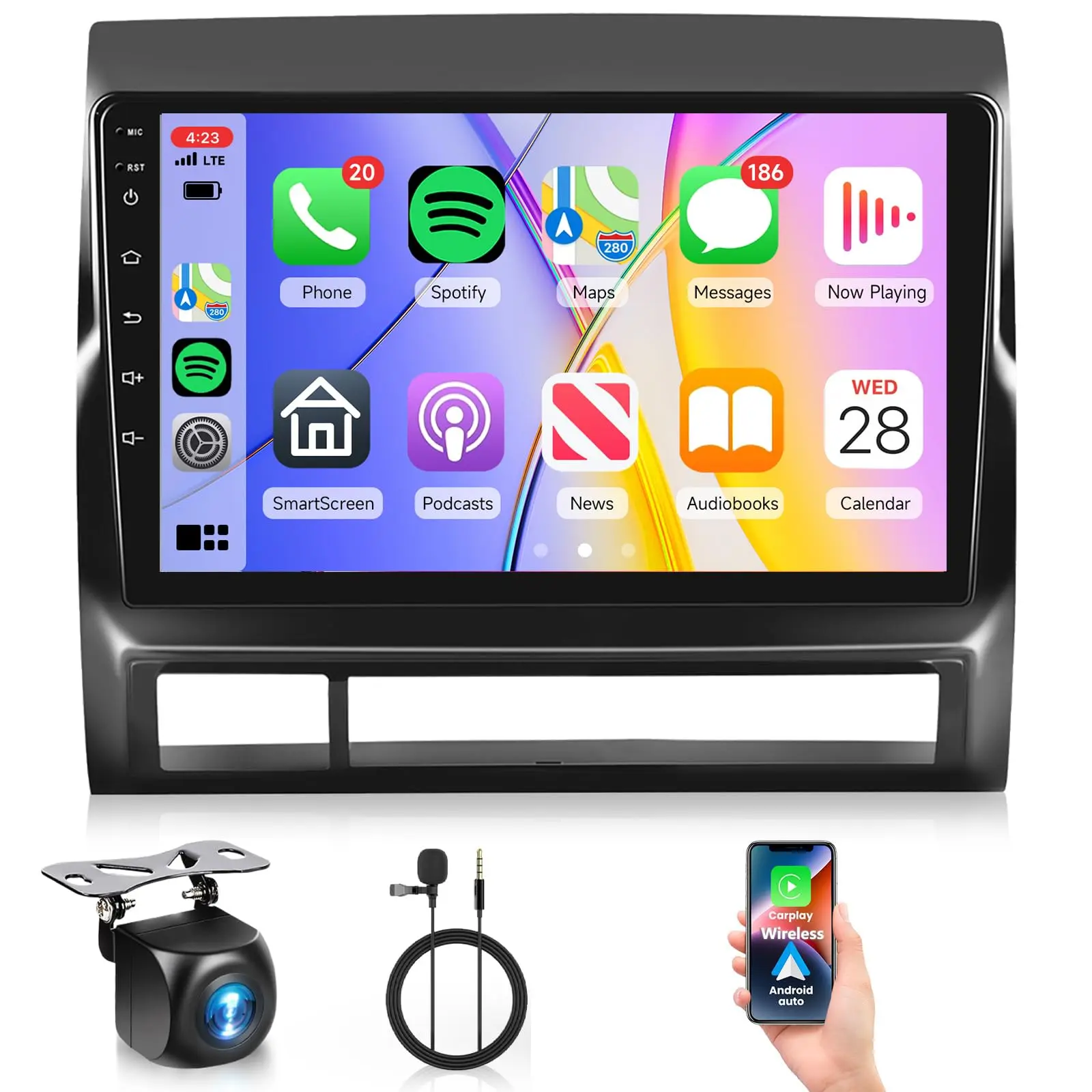 9 in Tempered Glass Car Radio Upgrade for Toyota Tacoma 2005-2015, 4-Core 2G+64G Car Video Player with 1080p Screen, GPS, Bluetooth, FM, WiFi, Mirror Link, AHD Backup Camera, CarPlay Wireless Adapter, Split Screen, Modern UI, Father's Day Gift