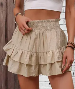 Women's Frill Trim Ruffle Hem Shirred High Waist Shorts, Boho Casual Tiered Layer Shorts for Spring & Summer, Ladies Bottoms for Daily Wear, Womenswear, Rara Skirts