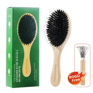 BlueForest Era natural boar bristle comb with nylon teeth, flat detangling comb for thick long curls, eco-friendly bamboo comb, includes cleaning tool set