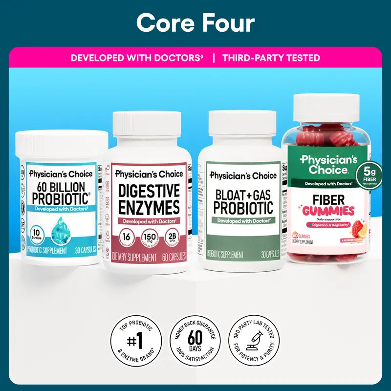 Physician's Choice Core 4 Bundle: Advanced Gut Health Support with Fiber Gummies + 60 Billion Probiotic + Digestive Enzymes + Bloat & Gas Probiotic