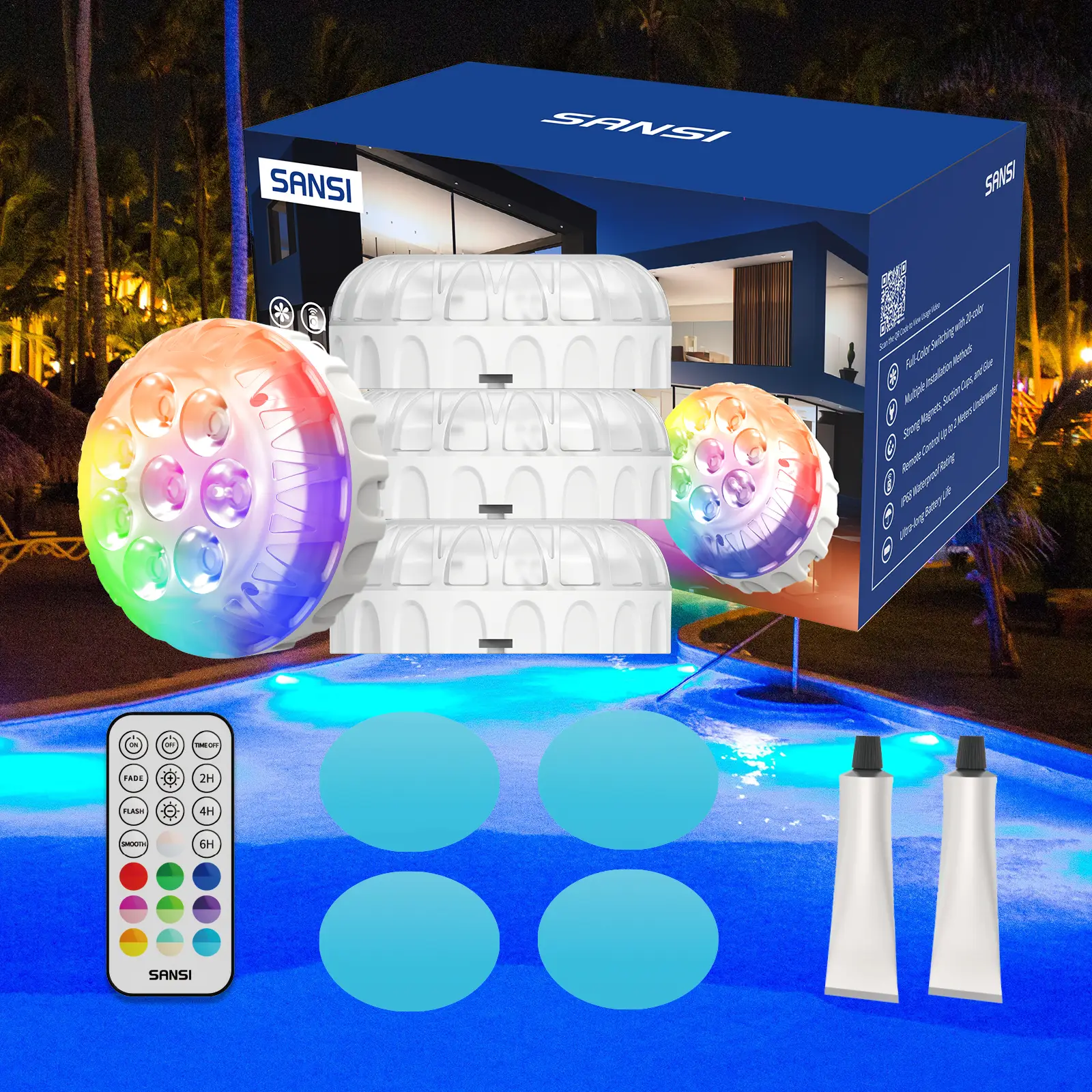SANSI Poolside Light, Waterproof Color-Changing LED Light for Swimming Pool, Pond, Garden & Shower, Magnetic Mount, RF Remote, Battery-Powered Underwa