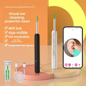 NE3-F Safe Ear Cleaner for Kids & Adults - Wireless HD Otoscope with WiFi Link App Visible & Integrated Ear Spoon Blue