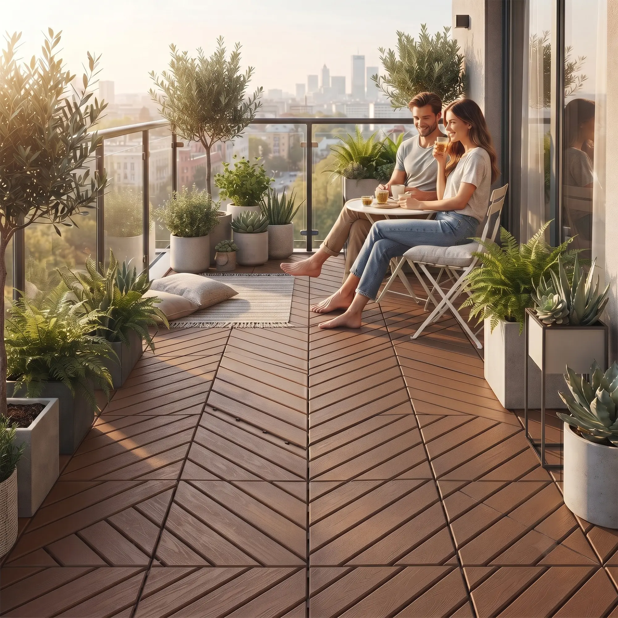 Brown Snap-Together Plastic Interlocking Deck Tiles, 44 Pack 12"x12" Waterproof Non-Slip Outdoor Floors, All-Weather Drainable Decking Tiles for Poolside Use & Patio