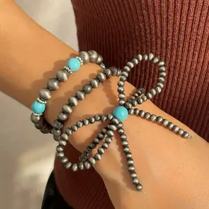 3Pcs Vintage Women Elastic Bangle Beaded Bow Turquoise Bracelet Set Handmade Ethnic Vacation Travel Beach Jewelry Gift