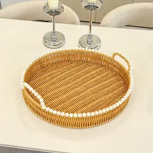 Style Pearl Decor Handmade Woven Storage Basket, Dual Handle PP Material Mimic Rattan, High-End Living Room Snack Tray