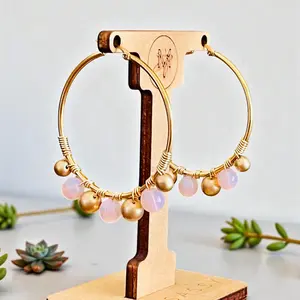 EMBER- Pink Beaded Wire-wrapped Hoop Earrings in Stainless Steel with 18K Gold-dipped Hoops for Everyday Wear and Special Events