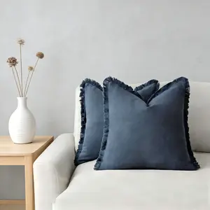 2-Piece Decorative Linen Fringe Pillow Covers, Boho Farmhouse Style Cushion Cases, Soft Sofa Bed Living Room Decoration, 18x18 Inch Olive Home Decor