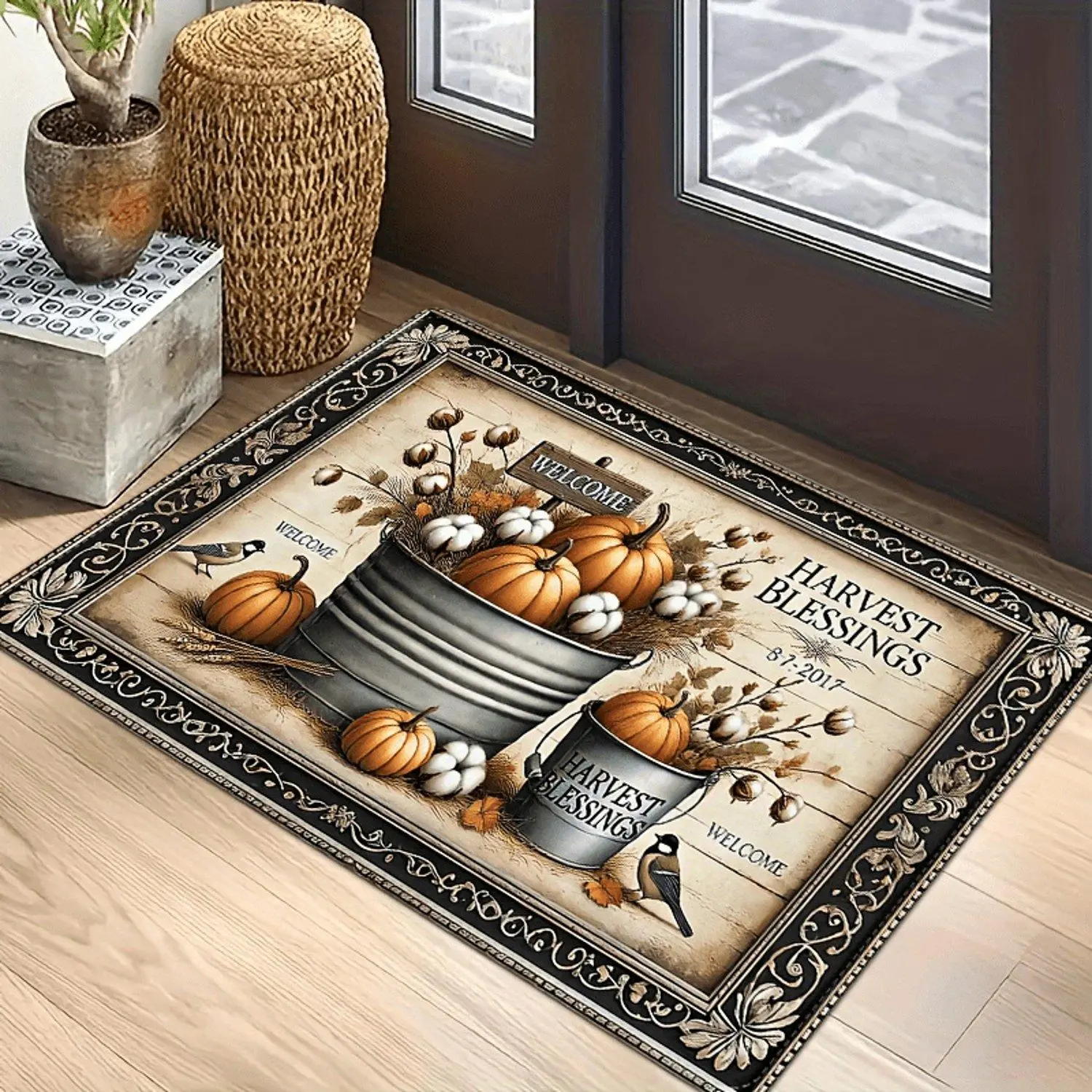 Autumn Harvest Thanksgiving Pumpkin Theme Flannel Non-slip Doormat, 0.8cm Thick Sponge Pad Carpet, Machine Washable, Fade Resistant, Suitable for Living Room, Bedroom, Bathroom, Laundry Room, Office