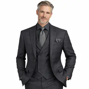 Mens Charcoal Windowpane Regular Fit 3 Piece Suit with Double Breasted Vest - V2RW 13