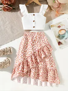 Girls' Casual Set, Knit Tank Top and Floral Skirt Two-Piece, Polyester Blend, Elastic Fabric, Regular Fit, Outdoor Wear, Floral Print Set, Summer Outfits Set