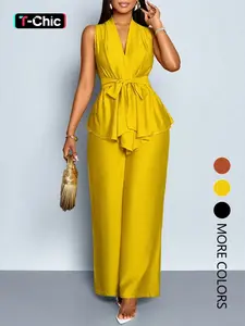 This women's summer casual two-piece set includes a solid-color, belted V-neck sleeveless shirt and wide-leg trousers. The relaxed fit is perfect for warm weather and makes it a comfortable loungewear set Chic Outfit Elegance Womenswear